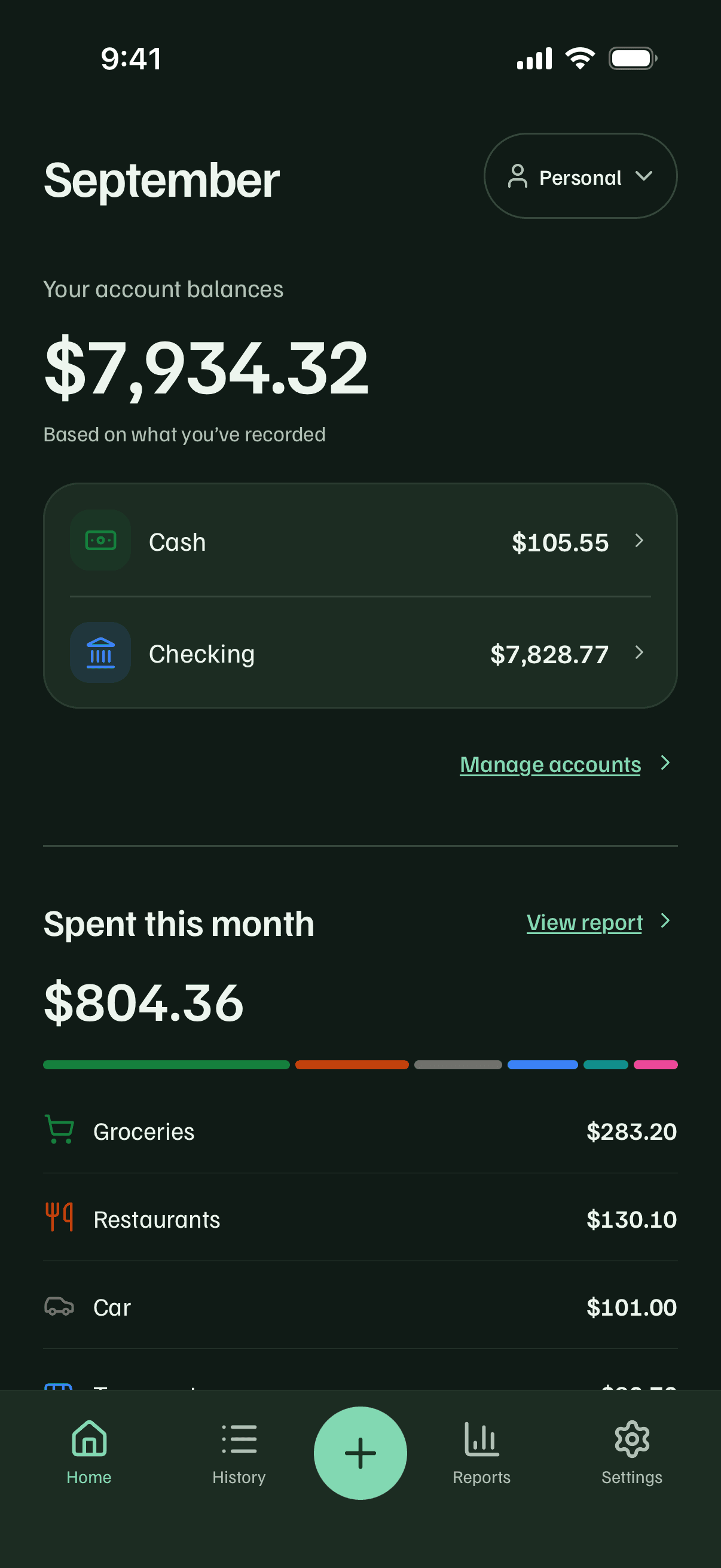 Cuentio Home screen with account balances and this month's spending