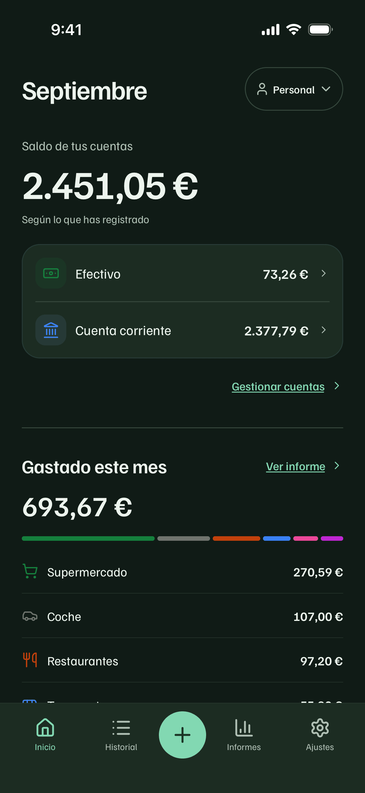 Resumen mensual de Cuentio con gastos agrupados por categoría