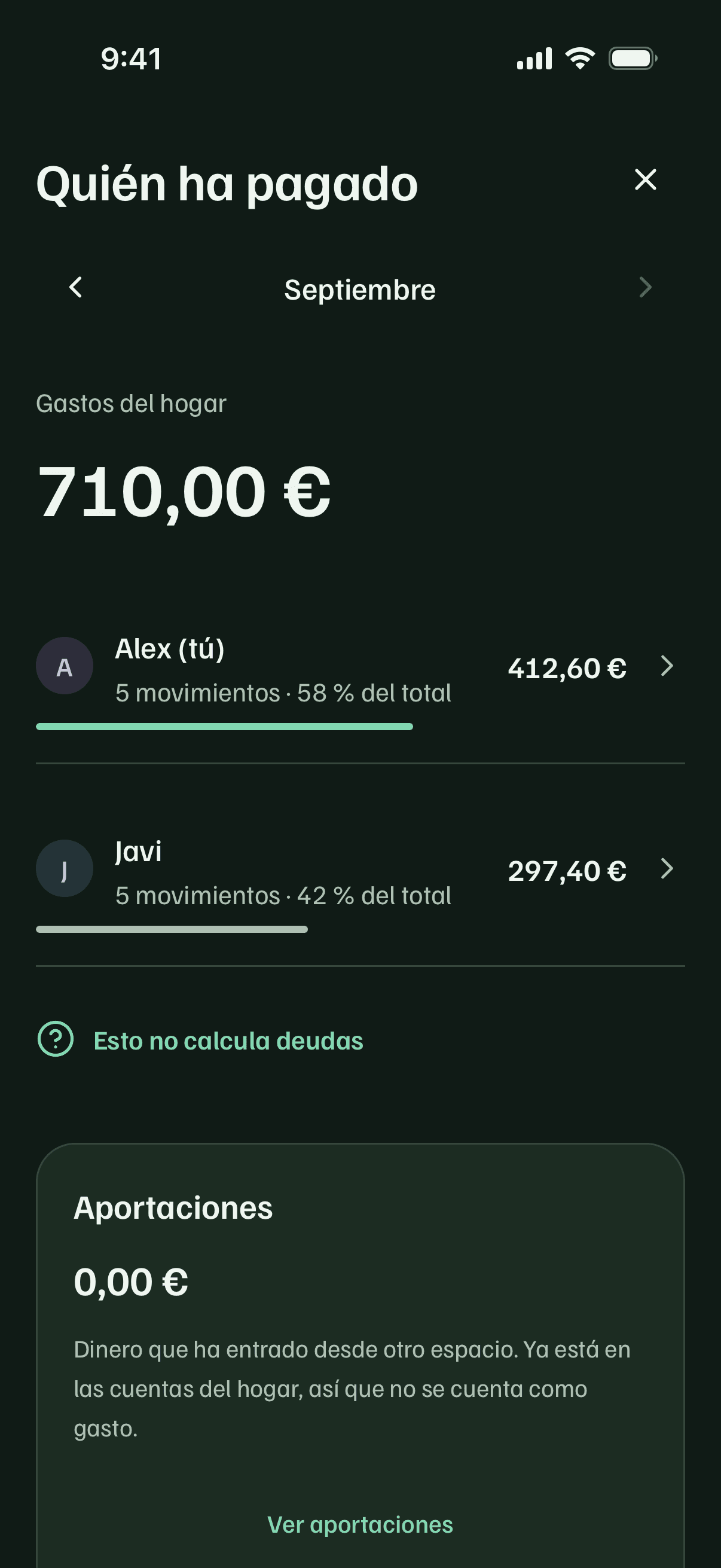 Pantalla de quién ha pagado en el hogar compartido de Cuentio